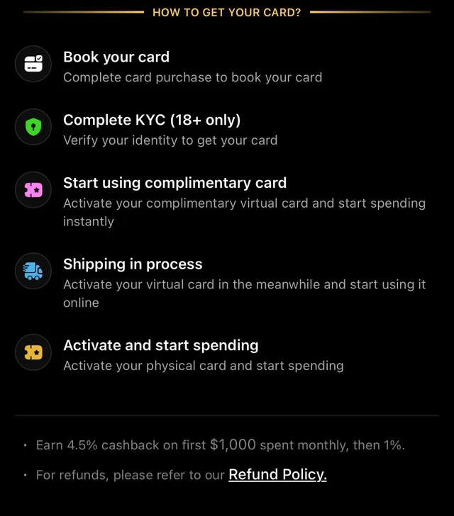 Tria in-app How to get your card checklist: book your card, complete KYC for 18 and over, start using the complimentary virtual card, physical card shipping, then activate the physical card and start spending