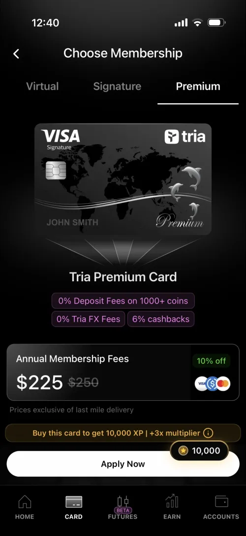 Tria Premium Card showing Visa Signature with 0% deposit fees and 6% cashback on the first $2,000/month
