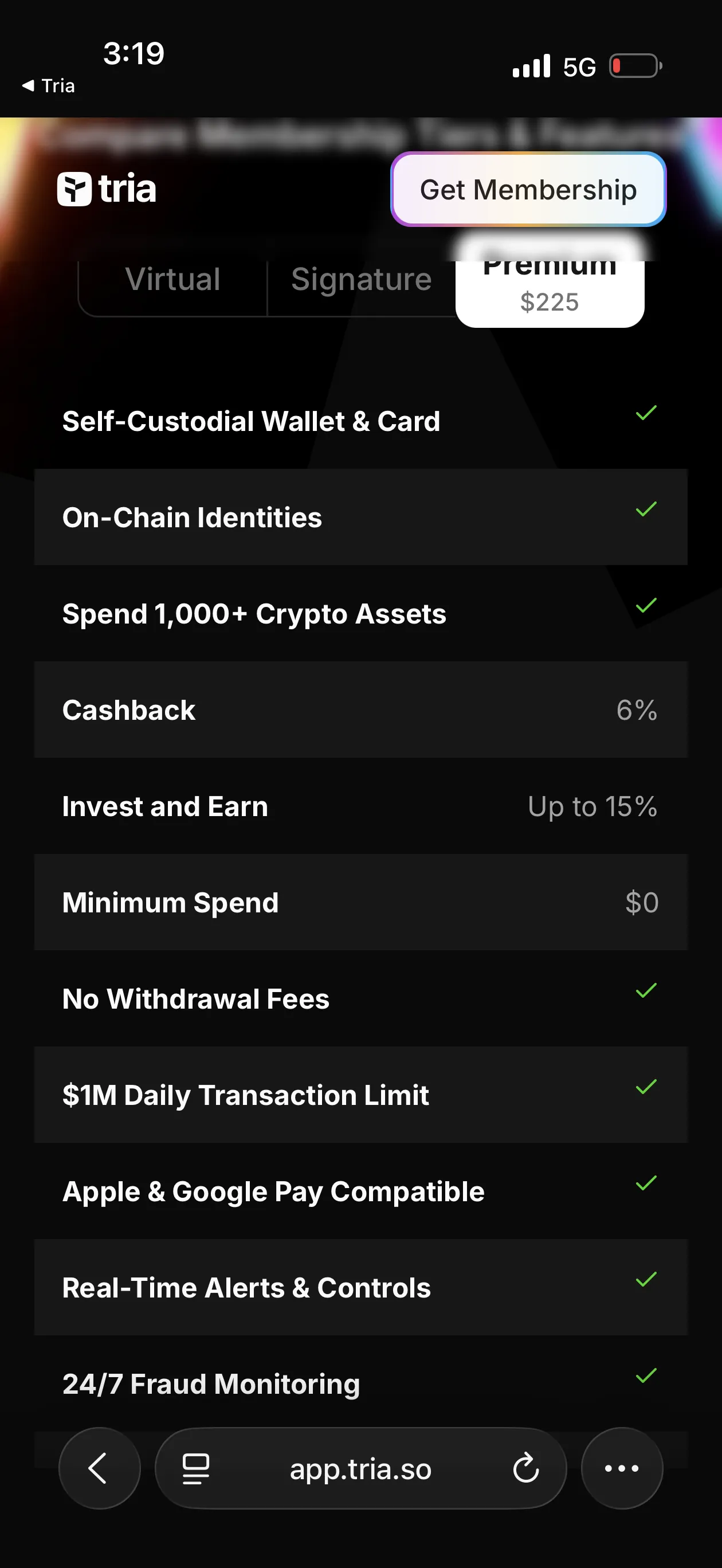 Tria Premium Card features screen showing Cashback 6%, Invest and Earn Up to 15%, 3x Points Multiplier, Daily Transaction Limit, and Lounge Access