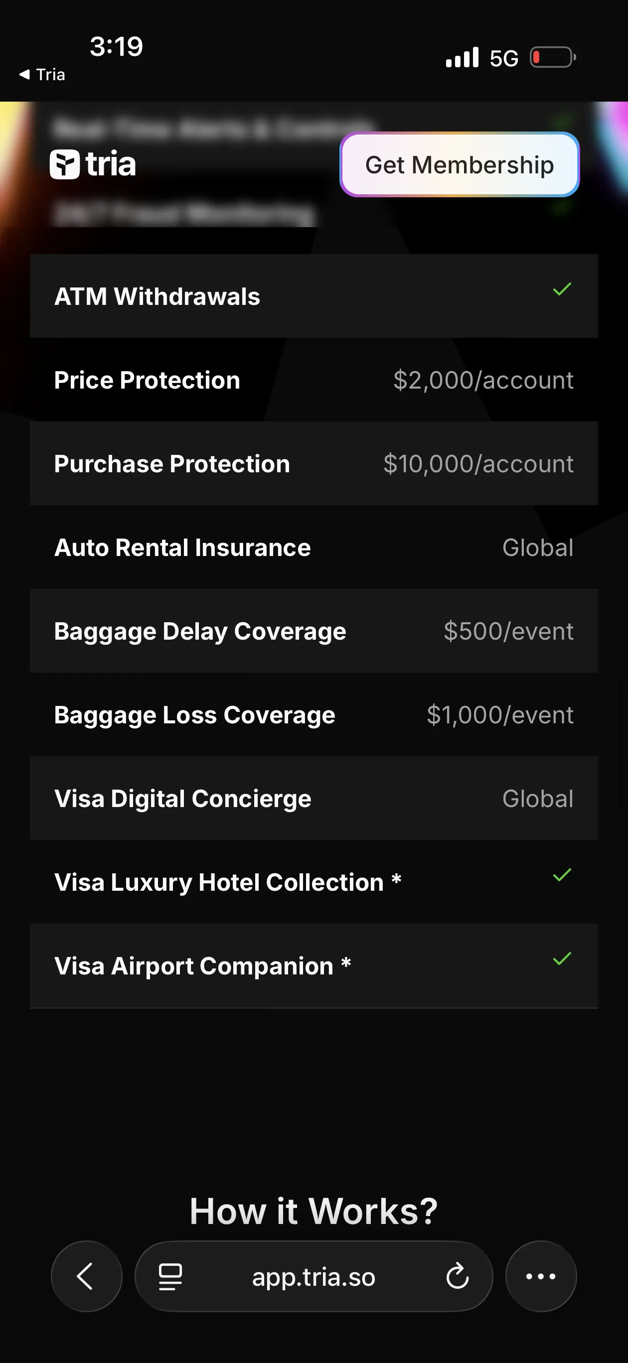 Tria Premium Card perks screen showing Auto Rental Insurance (Global), Baggage Delay Coverage ($500/event), Baggage Loss Coverage ($1,000/event), Visa Digital Concierge (Global), Visa Luxury Hotel Collection, and Visa Airport Companion - identical to Signature tier