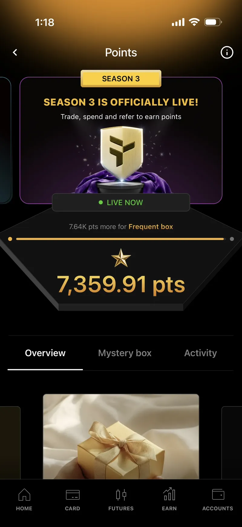 Tria Season 3 points screen reading Season 3 is officially live, trade spend and refer to earn points, with a points balance