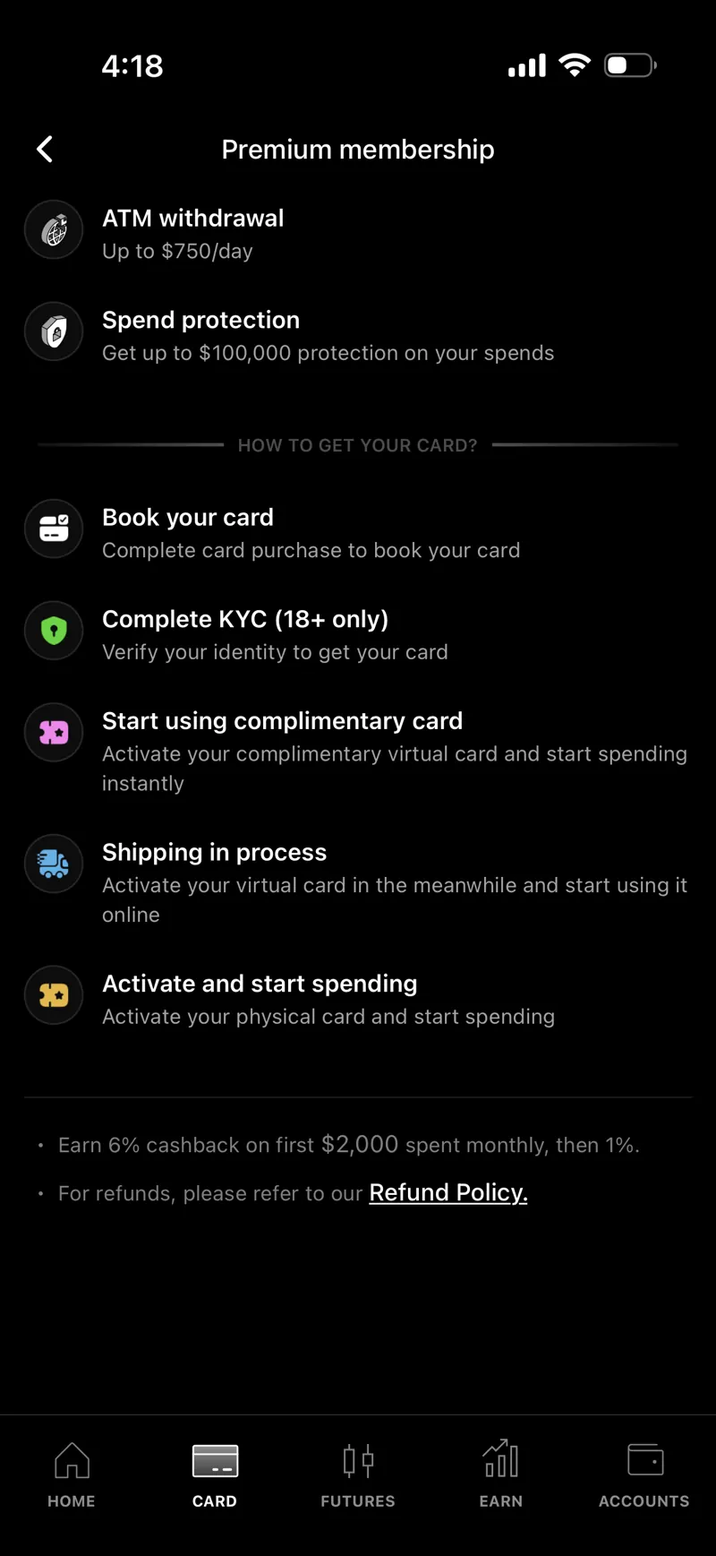 Tria Premium membership screen showing Earn 6% cashback on first $2,000 spent monthly, then 1%