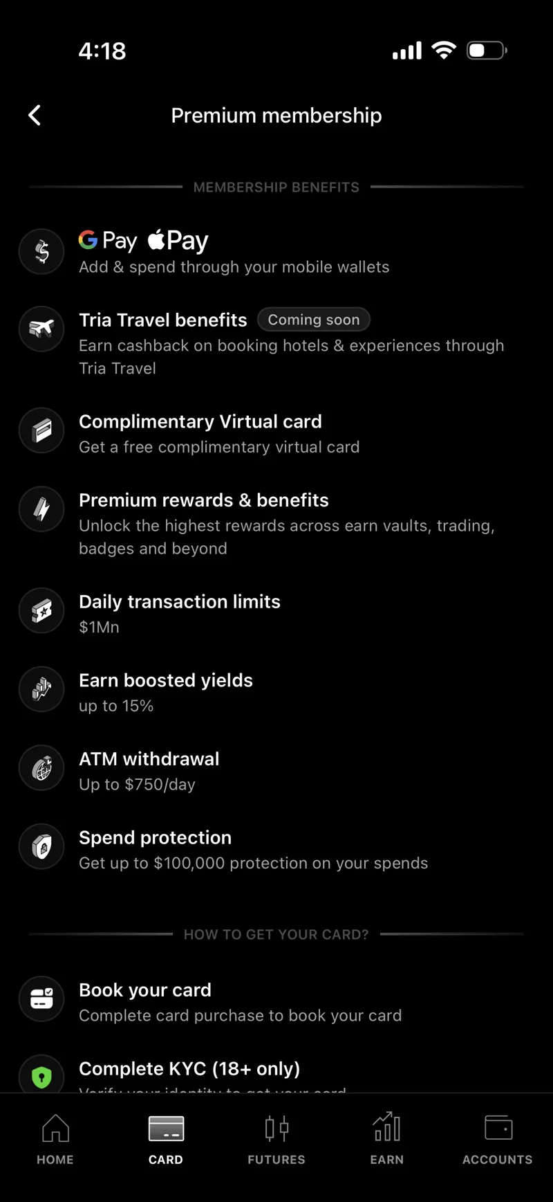 Tria Premium membership benefits: Apple Pay and Google Pay, premium rewards and benefits, complimentary virtual card, $1M daily transaction limit, boosted yields up to 15%, ATM up to $750/day, spend protection up to $100,000