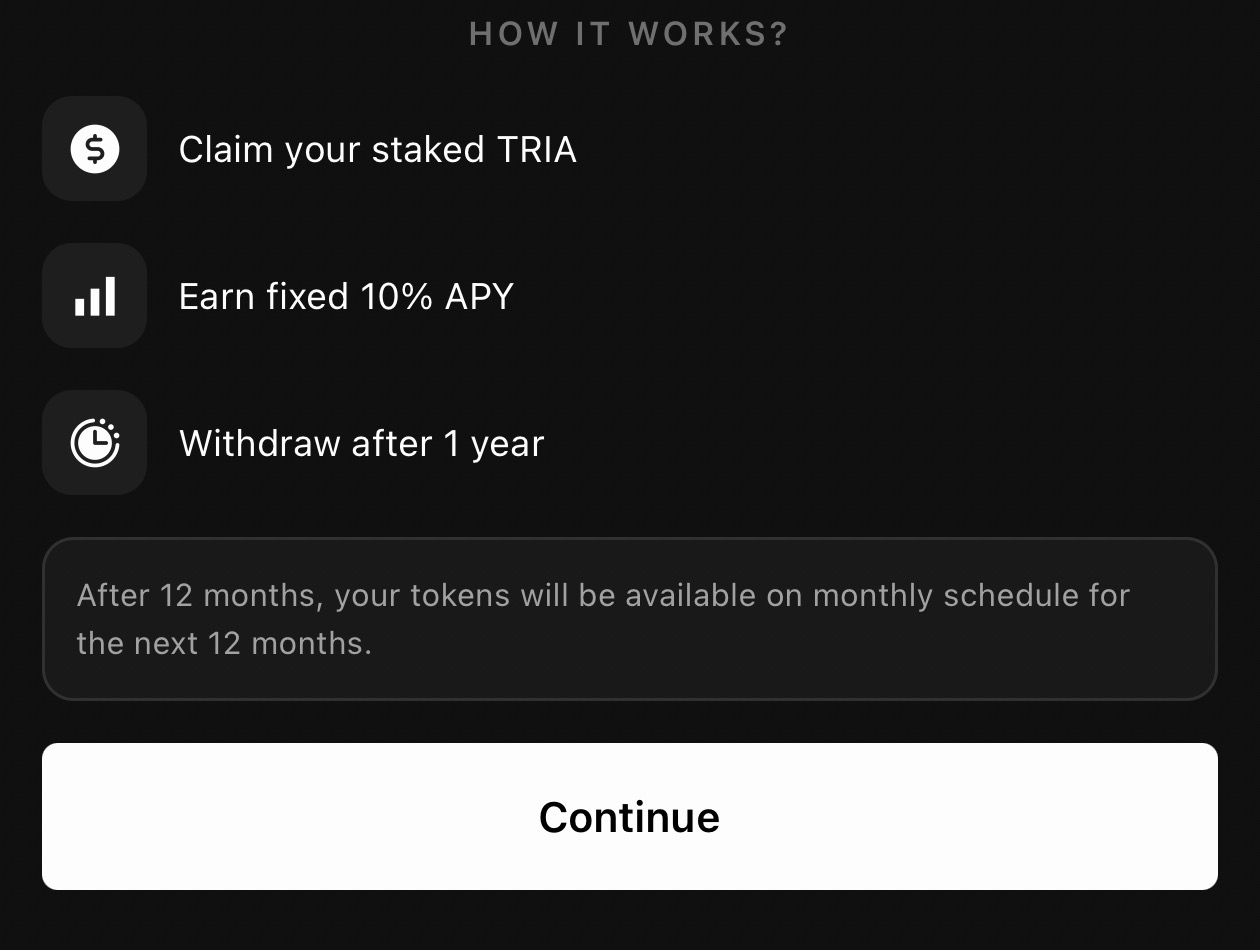 Tria Season 2 staked TRIA claim mechanics: Claim your staked TRIA, Earn fixed 10% APY, Withdraw after 1 year. Note states after 12 months tokens become available on a monthly schedule for the next 12 months.