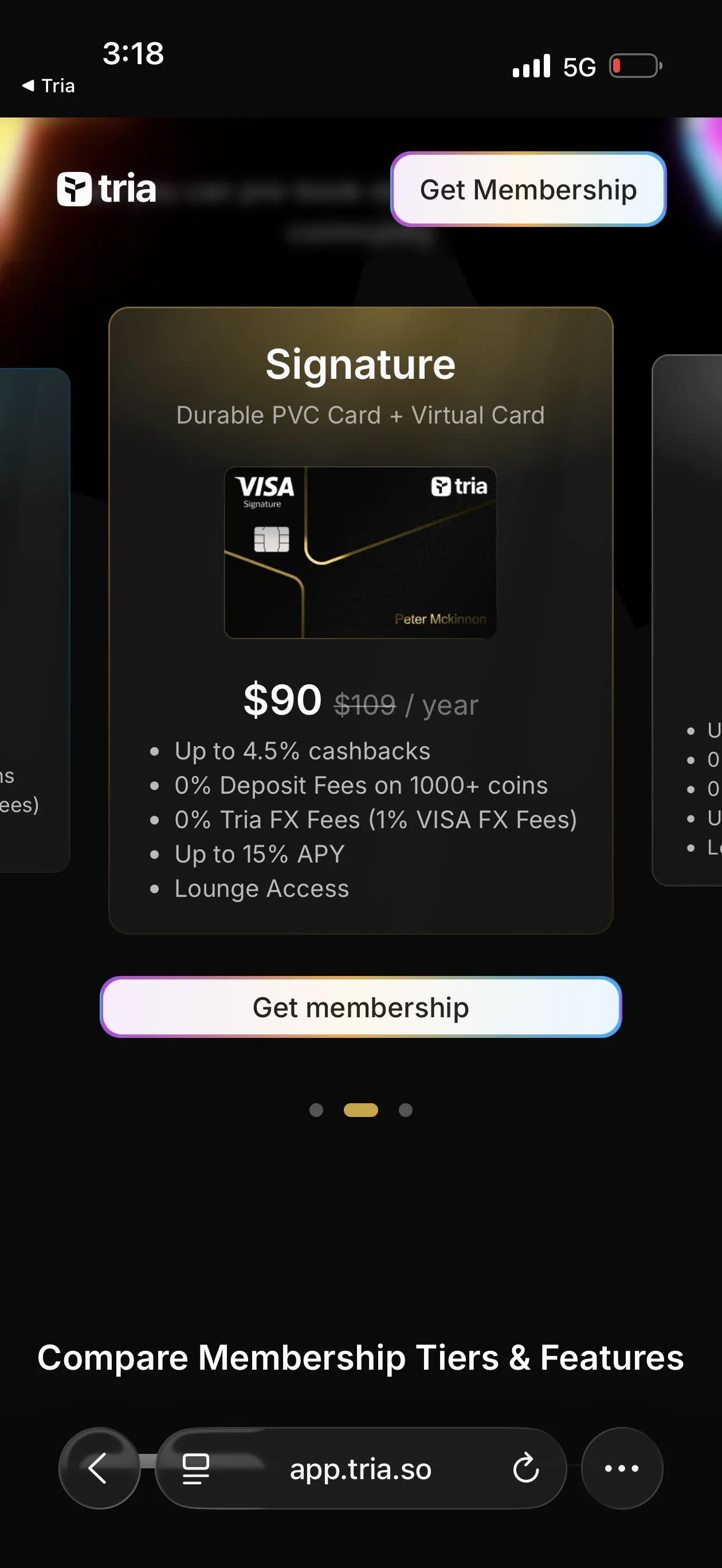Tria Signature Card in-app view showing 4.5% cashback, Up to 15% APY, Lounge Access, and metal card design