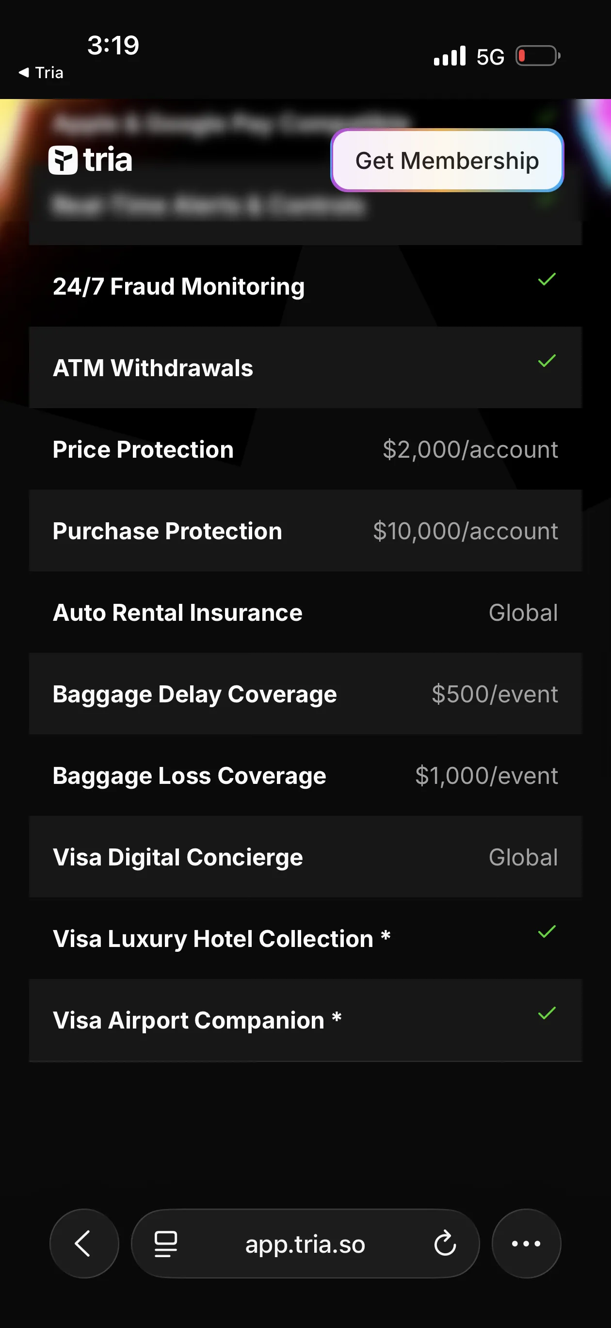 Tria Signature Card perks screen showing Auto Rental Insurance (Global), Baggage Delay Coverage ($500/event), Baggage Loss Coverage ($1,000/event), Visa Digital Concierge (Global), Visa Luxury Hotel Collection, and Visa Airport Companion