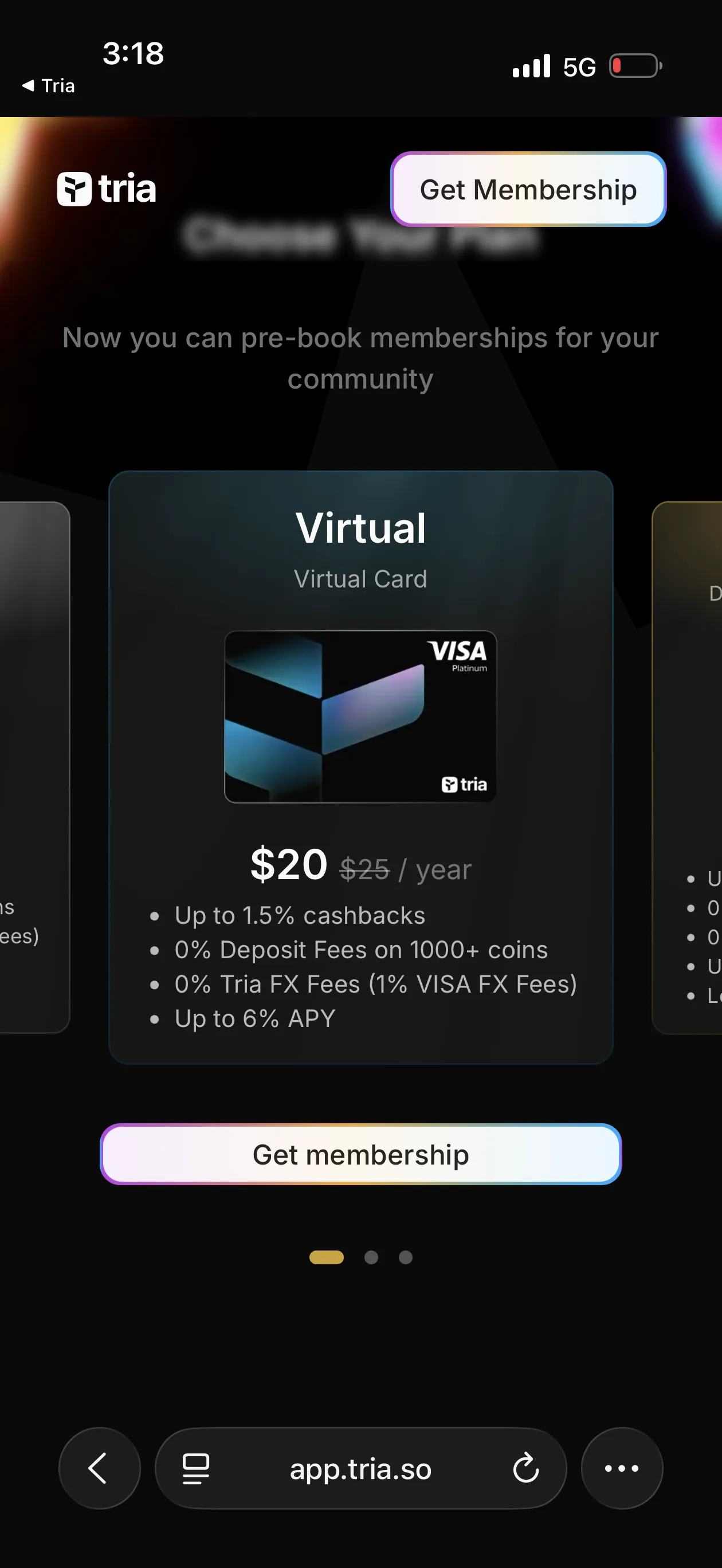 Tria Virtual Card in-app view showing $20/year annual fee, 1.5% cashback, up to 15% APY, and virtual card design