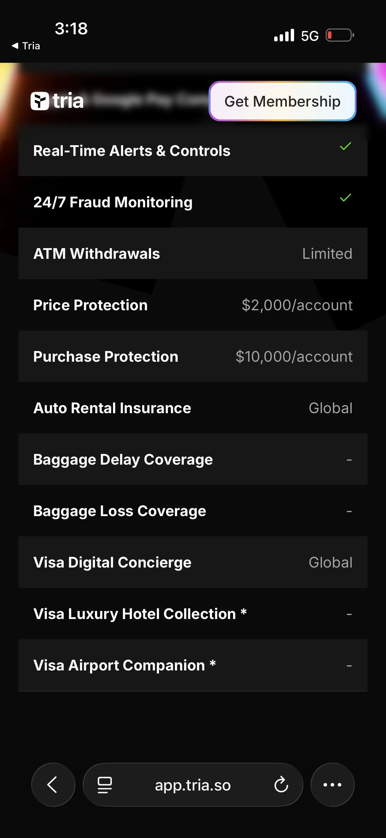 Tria Virtual Card perks screen showing in-app benefits and feature callouts for the virtual tier