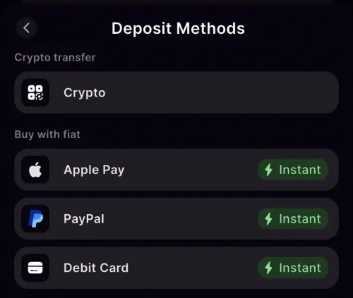 XPlace deposit methods showing Crypto, Apple Pay, PayPal, and Debit Card options
