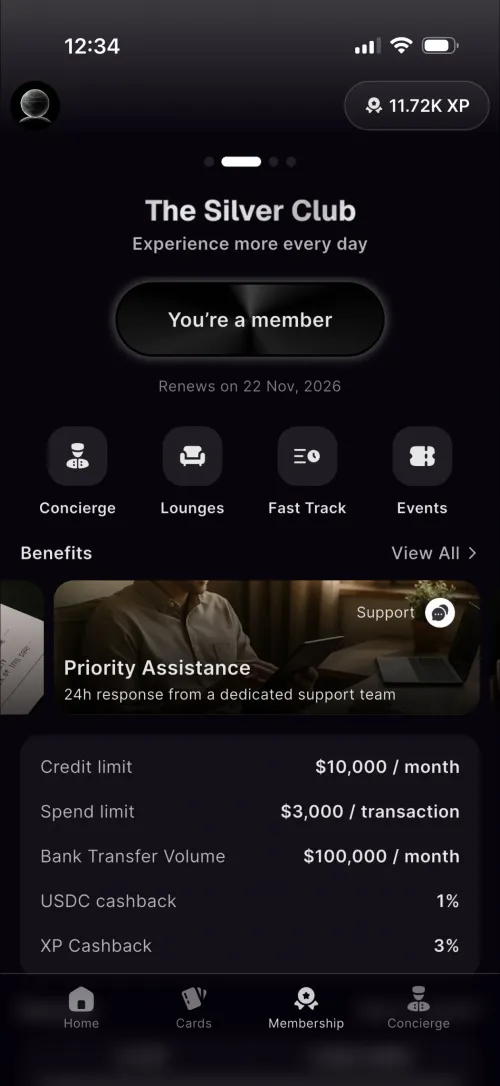 XPlace Silver Club showing $15,000/month credit limit, 1% USDC cashback, and 3% XP cashback
